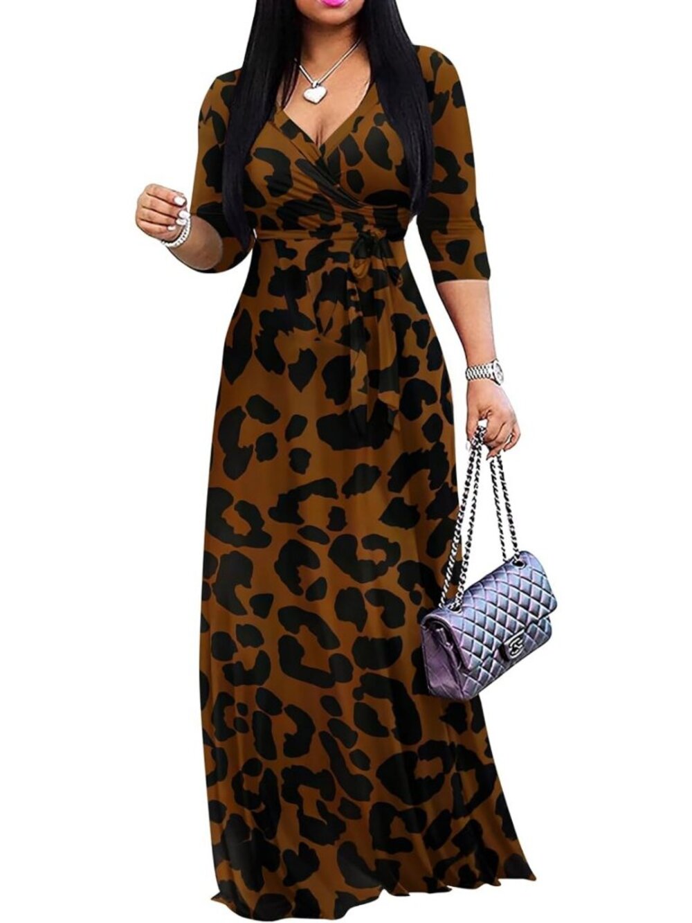 Plus Size Women's Casual Summer Maxi Dress - Sexy Wrap V Neck, 3/4 Sleeve